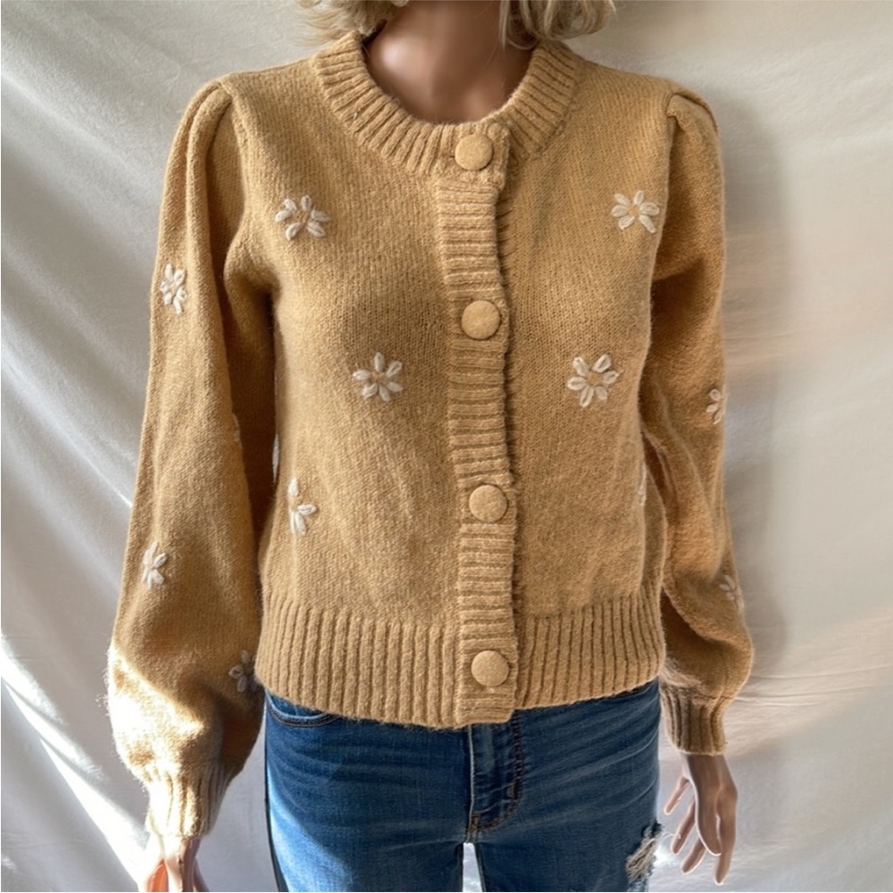 Lush Tan Cardigan with White Floral Accents